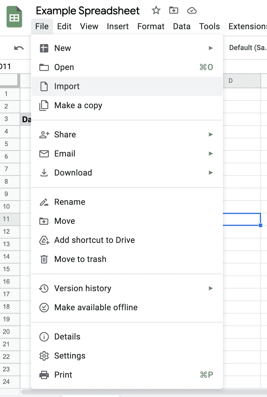 A screenshot of the File menu in Google Sheets.