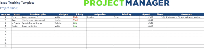 An issue tracking template for Microsoft Excel project management.