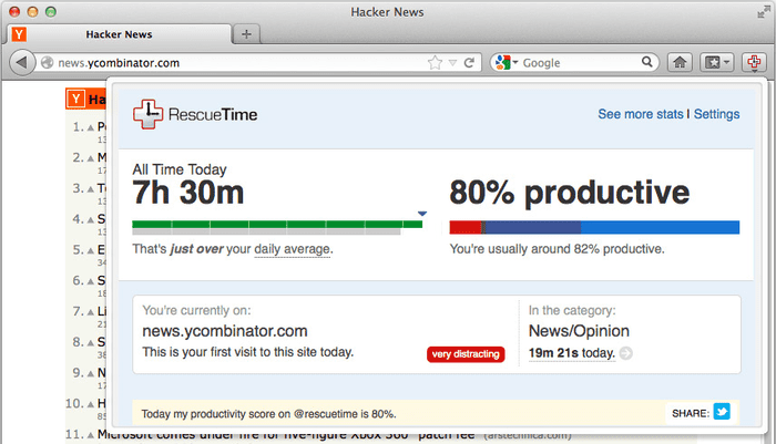 A screenshot of RescueTime, a time tracking tool for freelancers.