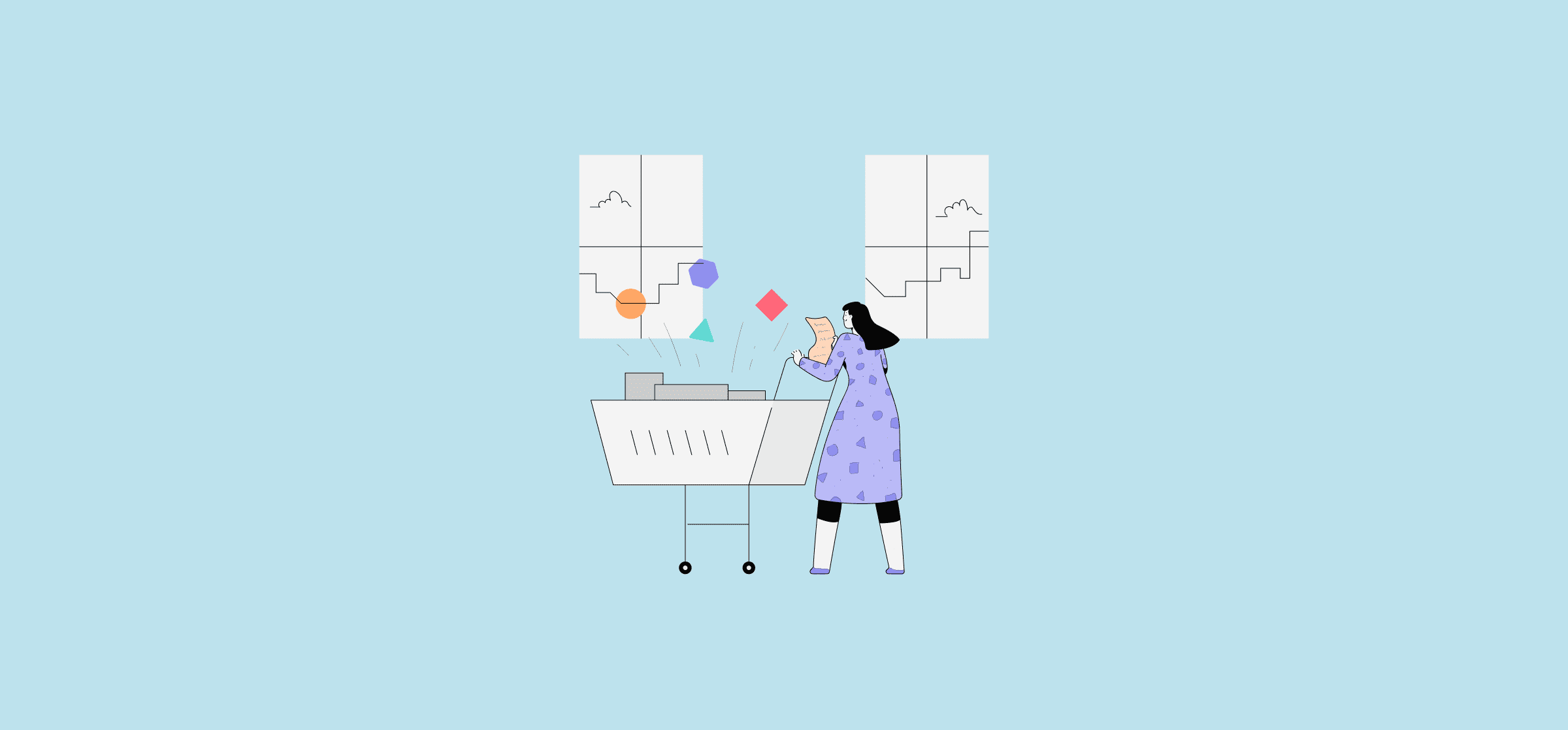 An illustration of a woman with a shopping cart, representing startup tools.
