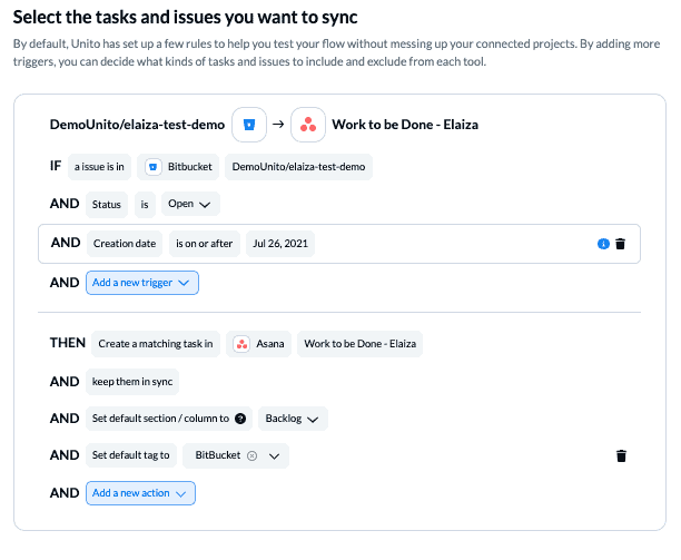 Set rules to sync Asana and BitBucket with Unito