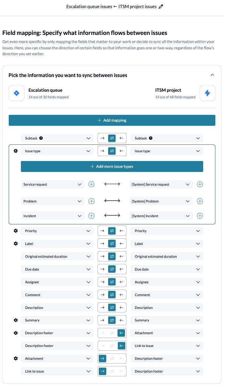 Select field mappings to keep in sync between Jira issues with Jira Service Management and Unito two-way sync