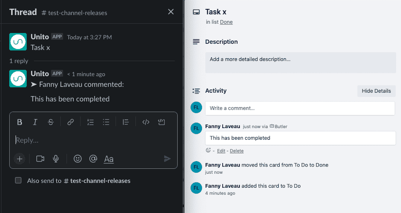 Slack and Trello synced with Unito