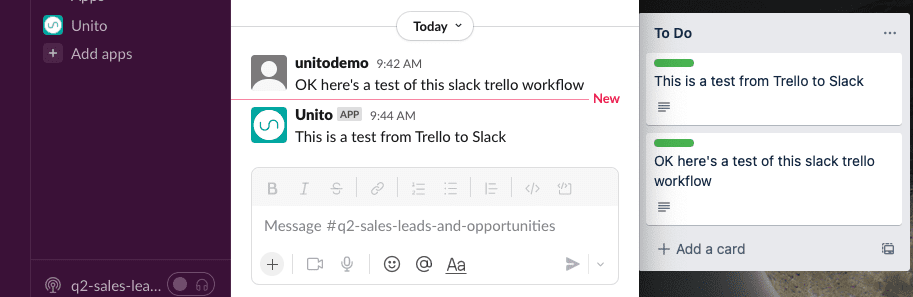 Synced Slack and Trello interfaces in an automated 2-way Unito workflow
