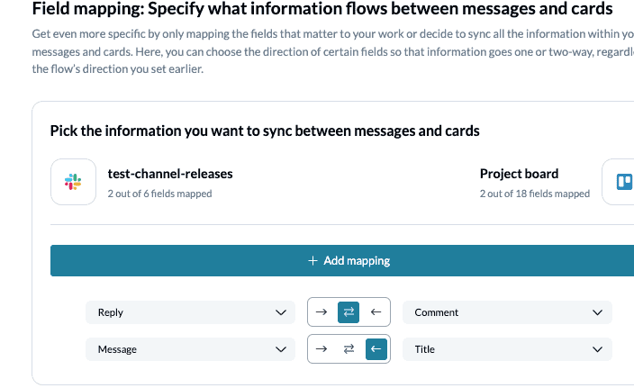 Select field mappings to sync Slack messages and Trello cards with Unito