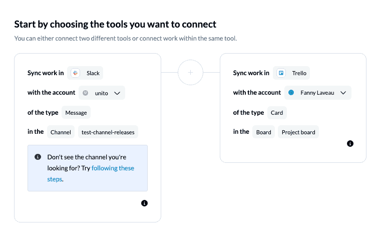 Connect Slack and Trello with Unito tool selection