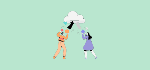 A cloud dispensing various shapes to two people, representing two-way sync.