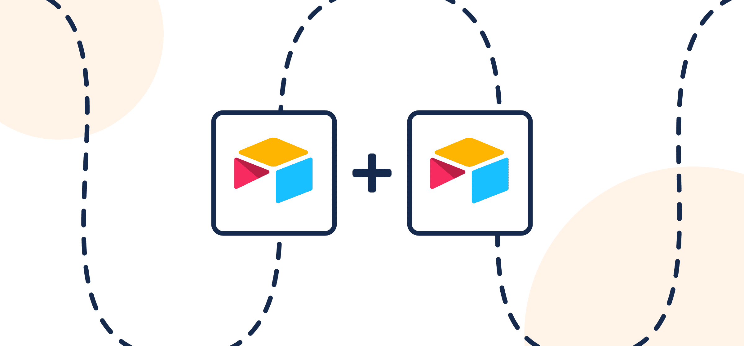 Featured image illustrating a step-by-step guide on syncing one Airtable base to another through Unito, depicted by the connected Airtable logos through circles and dotted lines.