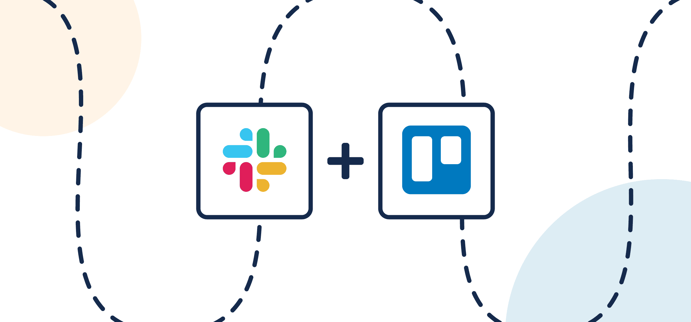 Featured image illustrating a step-by-step guide on syncing Slack to Trello through Unito, depicted by the connected logos through circles and dotted lines.