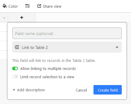 A screenshot of a linked record being created in Airtable.