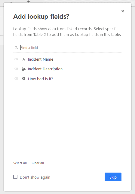 A screenshot of the lookup fields screen in Airtable.