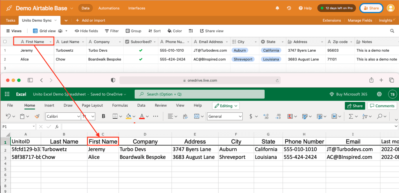 Airtable synced to Microsoft Excel with Unito
