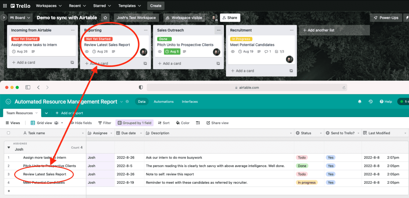 Airtable records synced to Trello cards through Unito 2-way sync