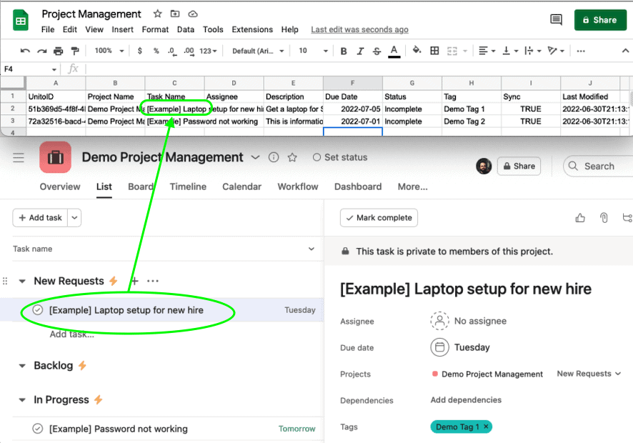 Asana tasks synced to Google Sheets rows with Unito's two-way integration