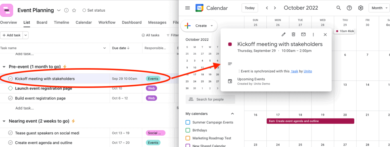 Asana and Google Calendar connected with Unito's two-way sync