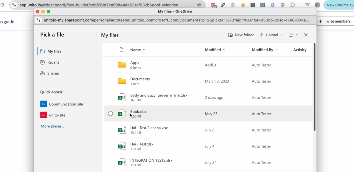 A screenshot of the file picking screen for Excel and Unito.