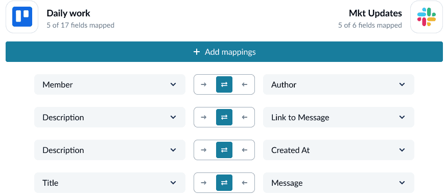A screenshot of Unito's field mapping screen, the third step for creating Trello cards from Slack.