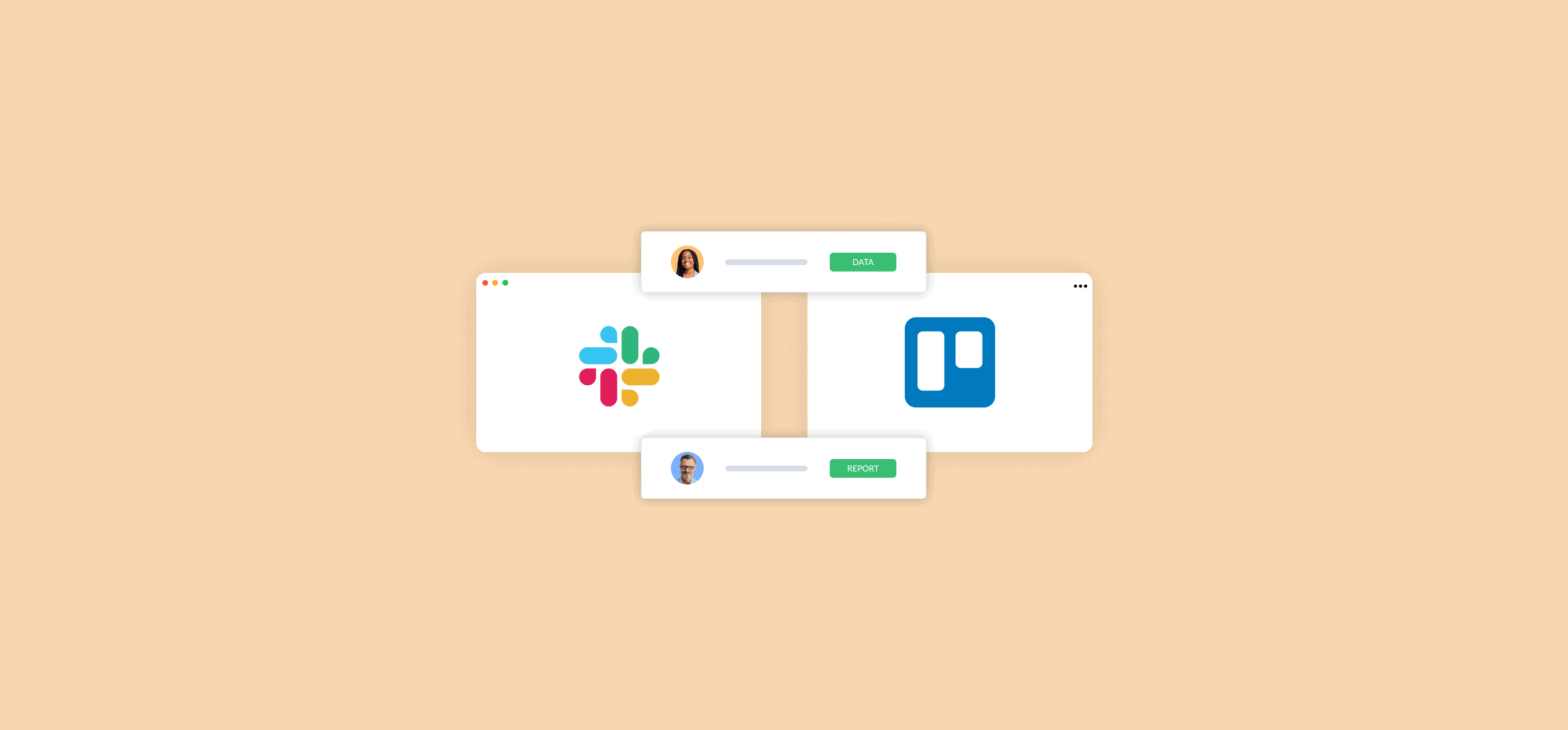 Logos for Slack and Trello, represnting how to create Trello cards from Slack.