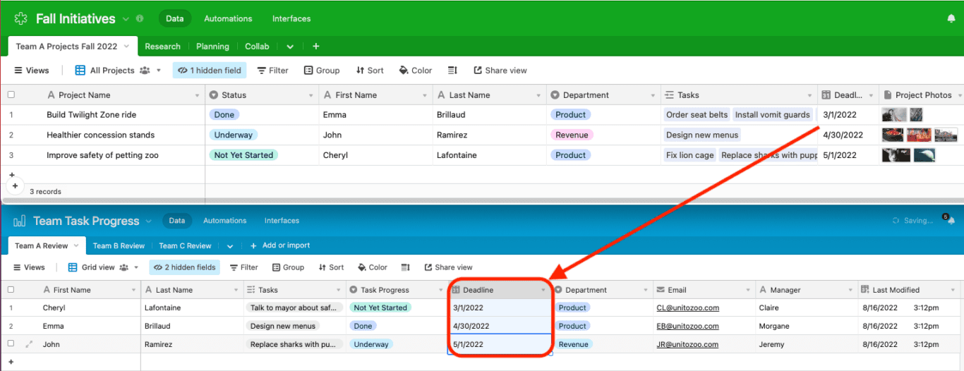 Airtables bases synced with Unito's two-way integration