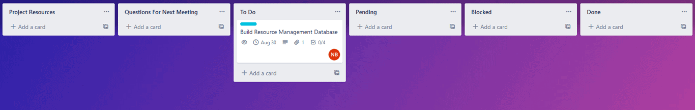 A project management Trello board with a single card.