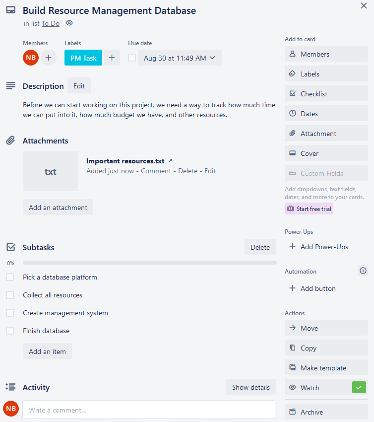 A Trello card with populated fields.