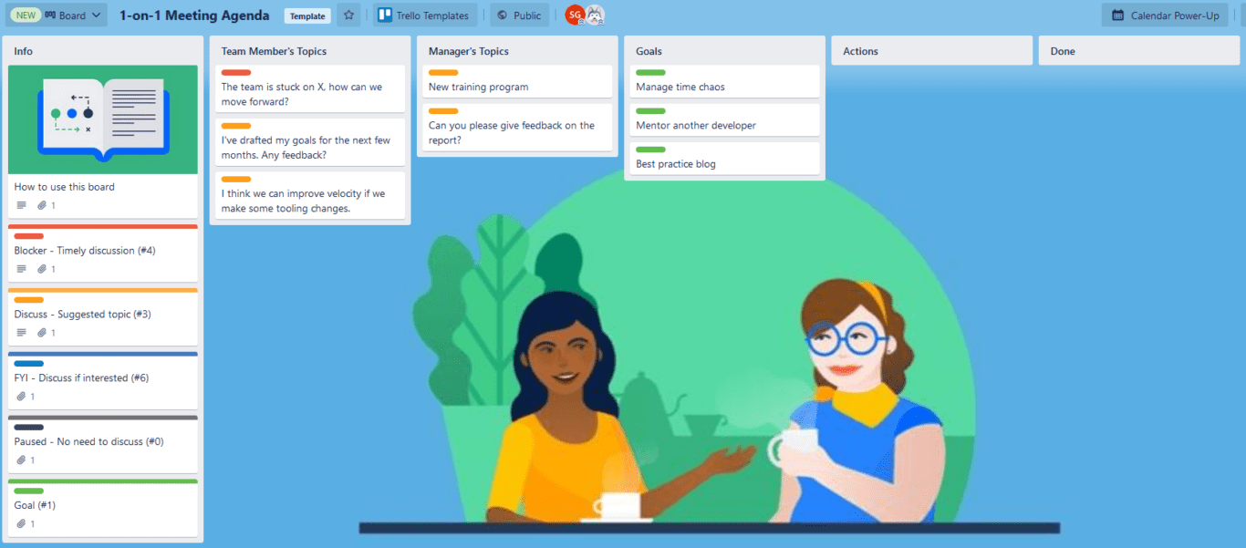A screenshot of a 1-on-1 meeting template for Trello.