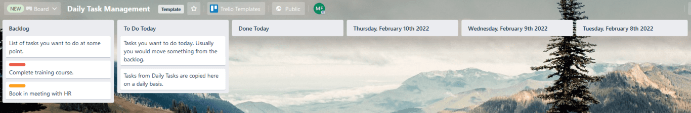 A screens hot of a daily task management board.