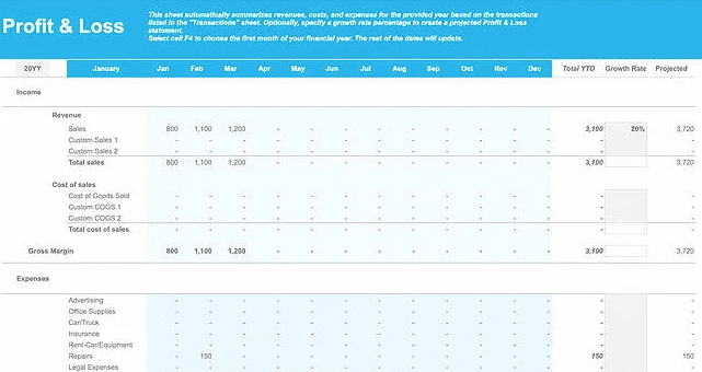 A screenshot of a financial statement template for Google Sheets.