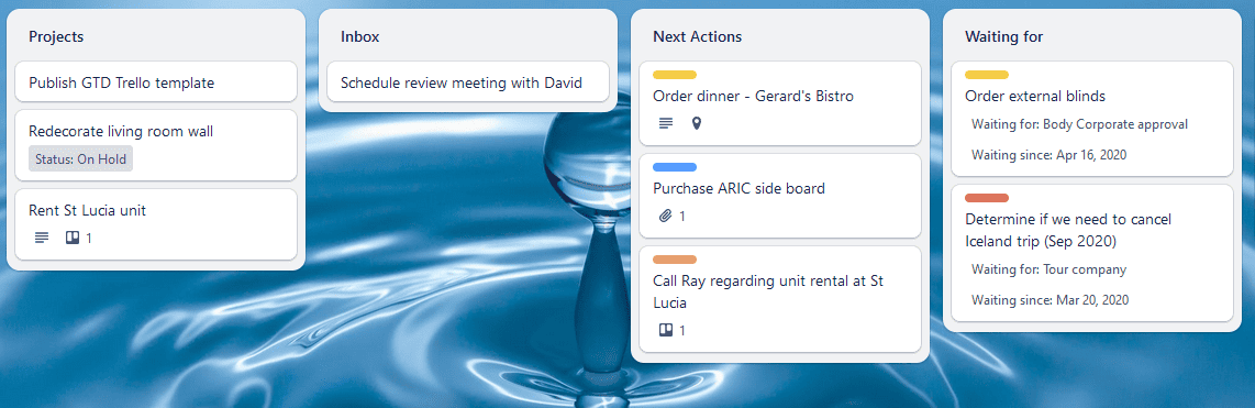 A screenshot of the Getting things Done template for Trello.