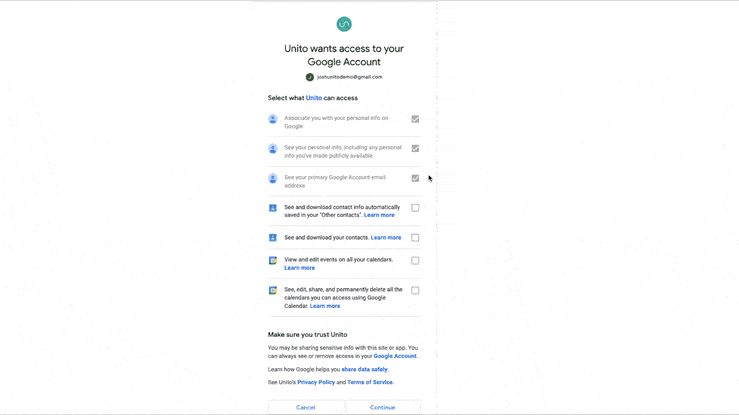 A screenshot of the permissions Unito needs from your Google account.