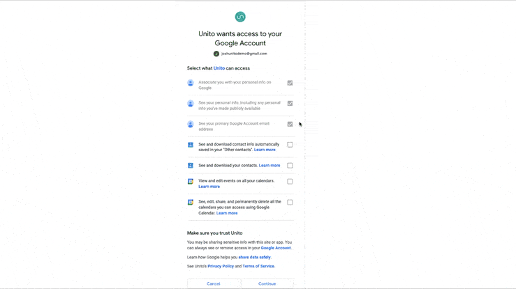 A gif showing how to connect a Google account to Unito.
