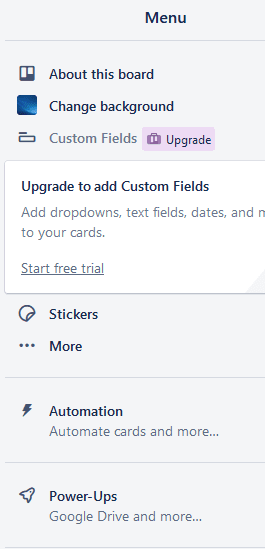 A screenshot of Trello's menu