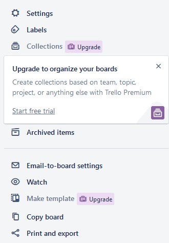 A screenshot of Trello's Print and export menu.