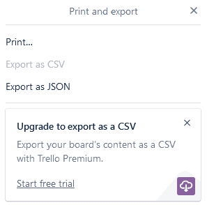 A screenshot of trello's export menu