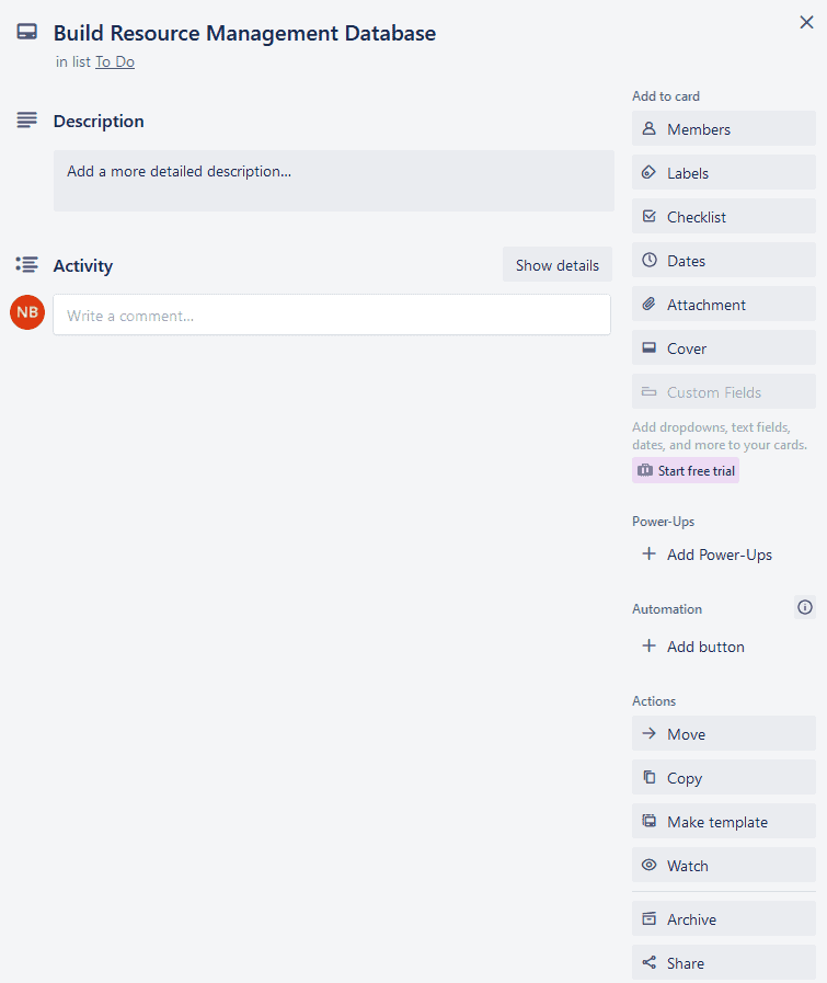 An empty Trello card.