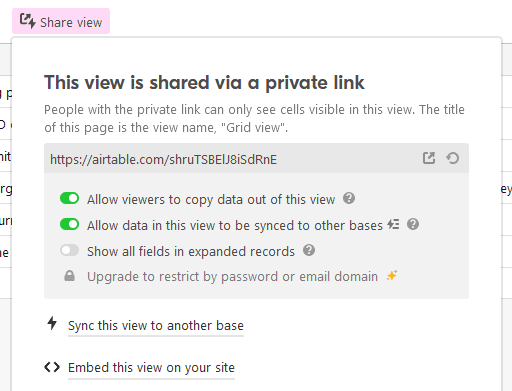 A screenshot of Airtable's share view, showing the Airtable Sync feature.