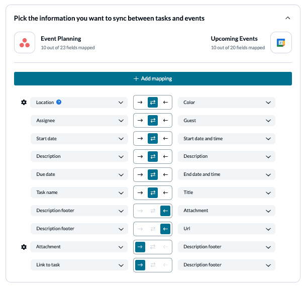 Choose fields to keep in sync between Asana tasks and Google Calendar events