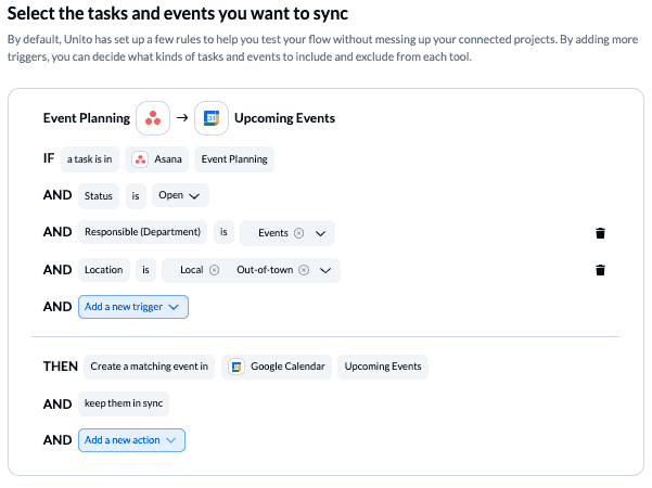 Set rules to sync specific Asana tasks with Google Calendar