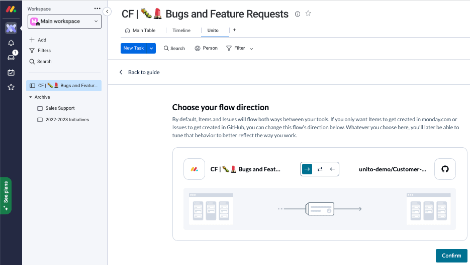Pick a flow direction between monday.com and GitHub