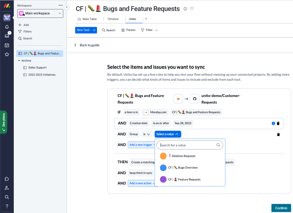 Set conditions for how work items sync between monday.com and GitHub