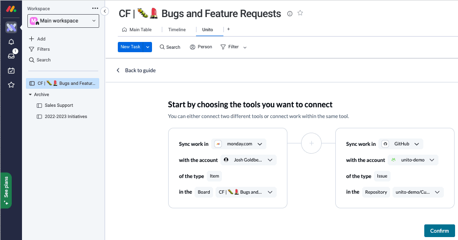 Connect GitHub and monday.com to Unito
