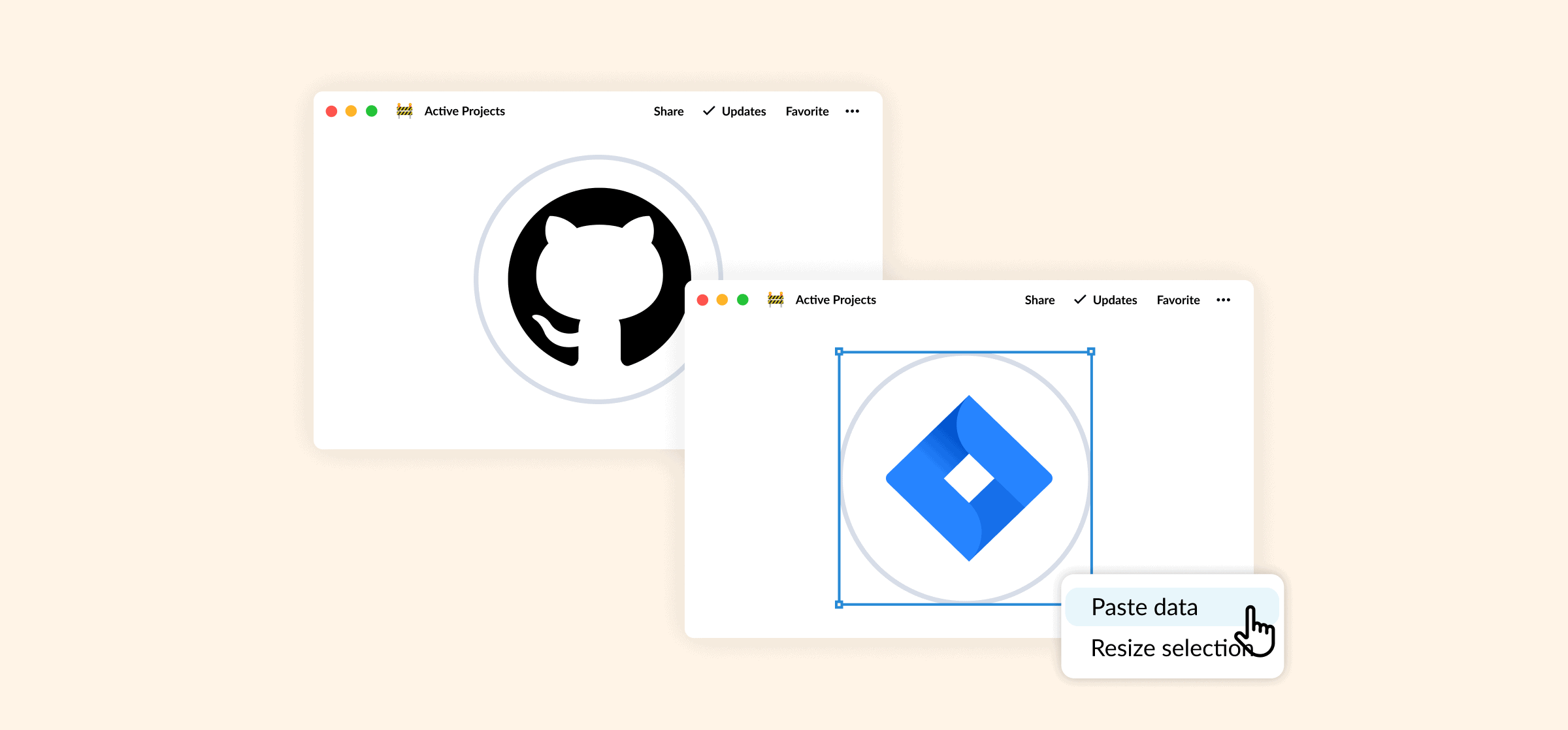 Logos for github and jira, representing a Jira to GitHub Enterprise integration.