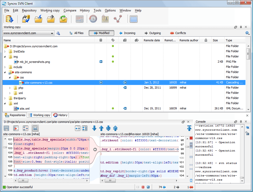 A screenshot of Apache Subversion, a version control tool.