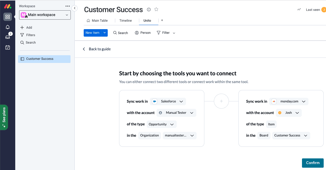 Screenshot of syncing a Salesforce organization to a monday.com board with the title Customer Success.