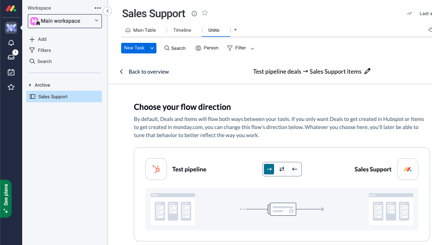 Setting flow direction between HubSpot and monday.com