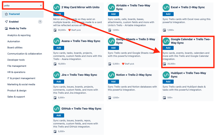 Unito Power-Up Google Calendar Trello