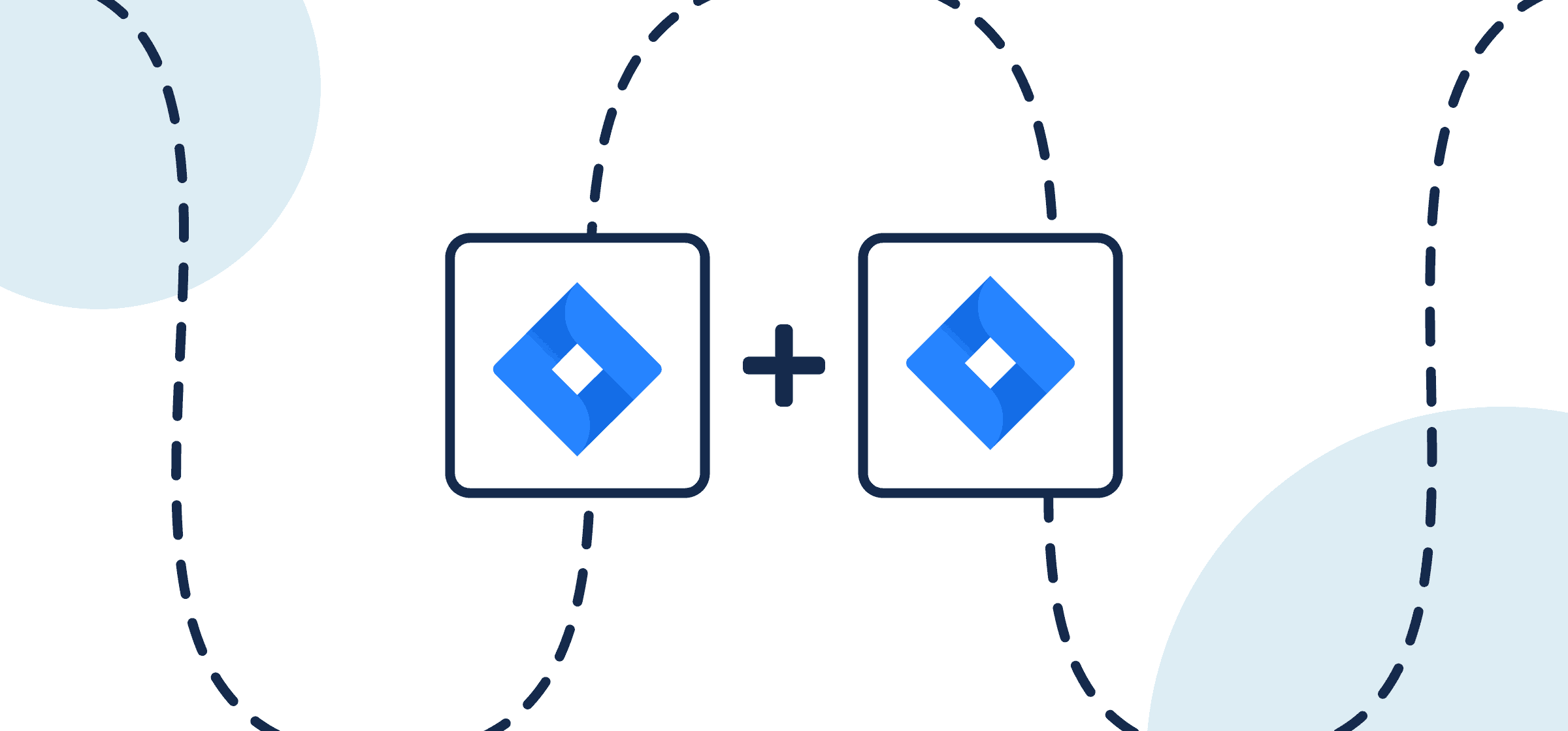 Featured image illustrating a step-by-step guide on syncing one Jira account to another through Unito, depicted by the connected Jira logos through circles and dotted lines.