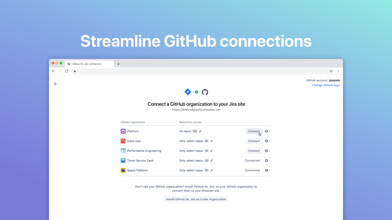 A screenshot of Atlassian's GitHub for Jira app, showing how to connect the two apps.