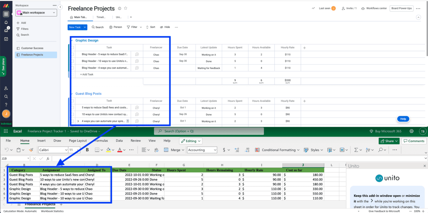 monday.com synced to Microsoft Excel with Unito