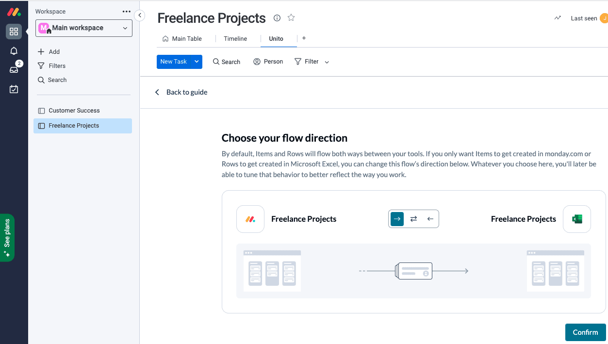 Screenshot of setting a flow direction in Unito to decide where monday.com tasks or Excel rows will be automatically created and synced